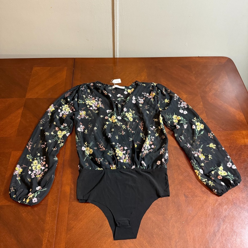 Floral Wrap Bodysuit Black Long Sleeve V-Neck Blouse Style Romantic Chic L